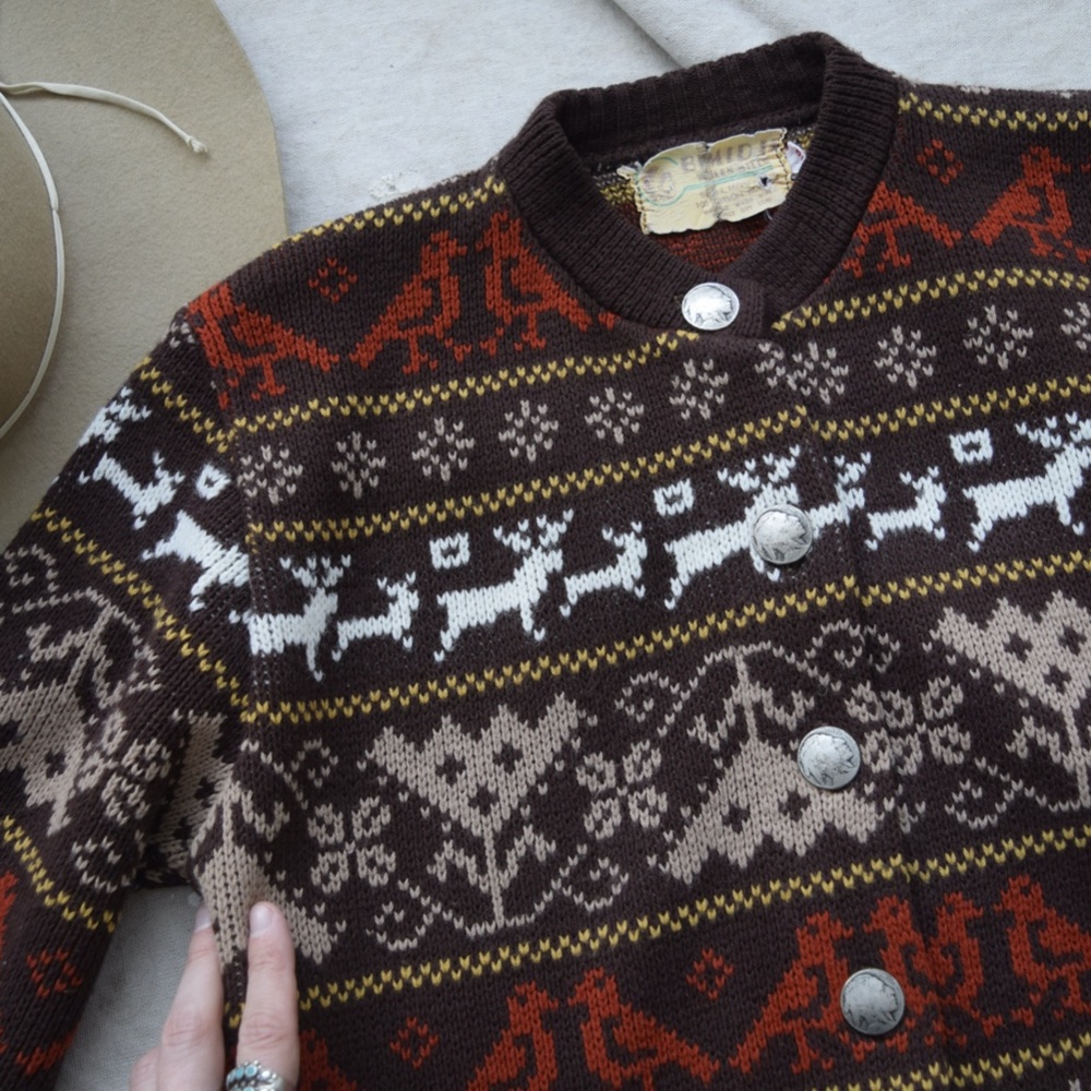 1960s S-M Bemidji Woolen Mills Minnesota Jacquard Acrylic Knit Cardigan Sweater